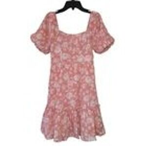 Blu Pepper Pink Floral Print Mini Dress Square Neck Short Sleeve Summer Womens S
